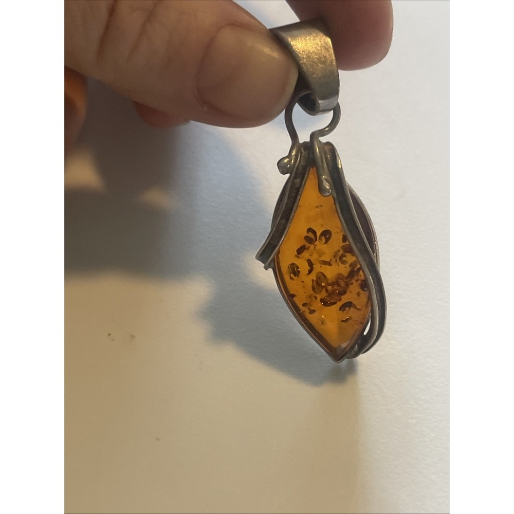 Vintage Modernist Baltic Amber Sterling Silver Pendant Cognac Marquise 925 Wrap